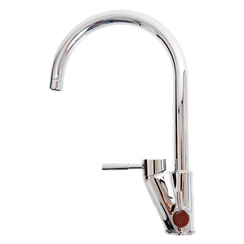 Chrome kitchen faucet on a white background
